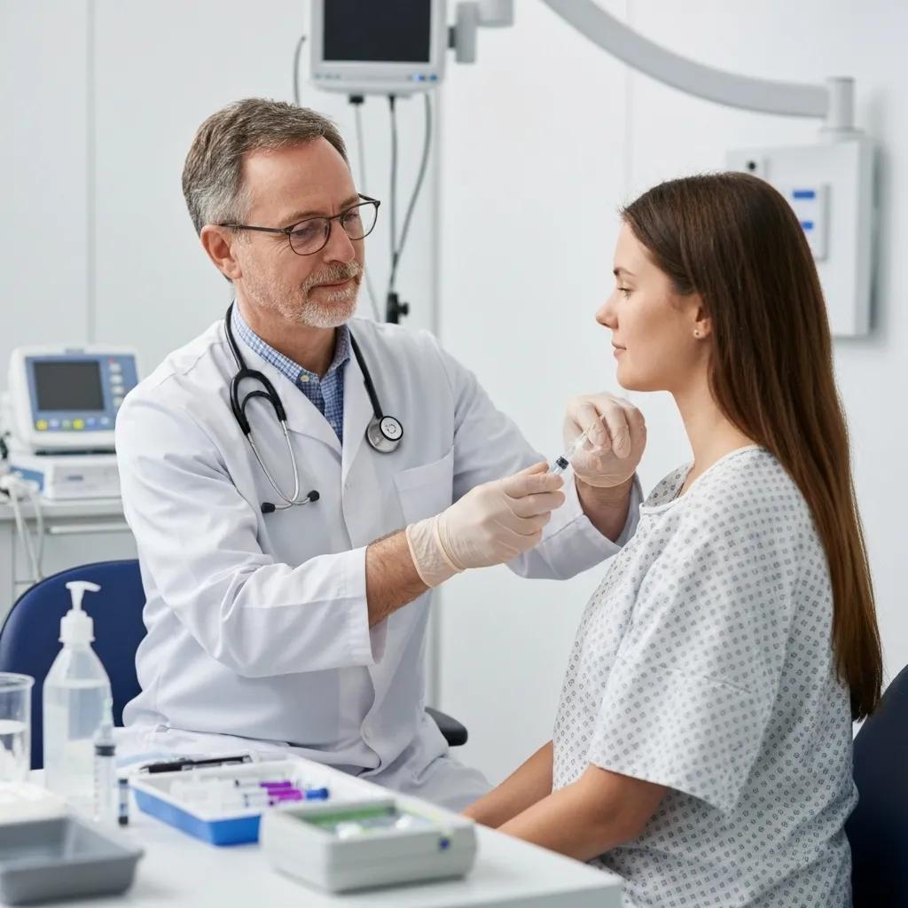 Researcher administering a new drug to a volunteer in a clinical trial setting