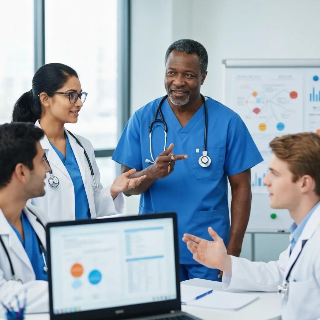 Medical professionals discussing clinical trial phases in a collaborative healthcare environment